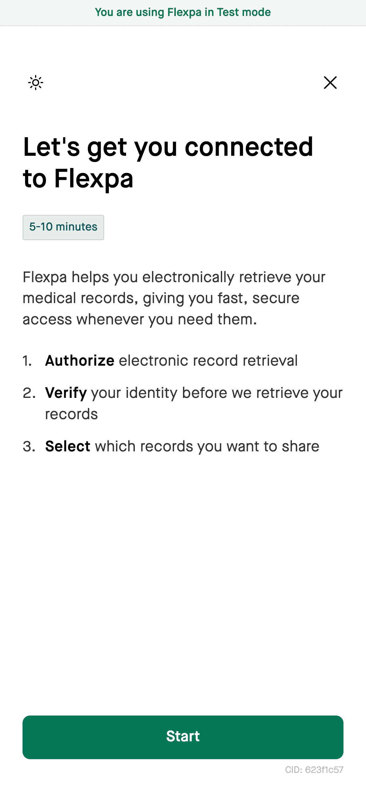 The consent flow running in test mode, with a banner reading You are using Flexpa in Test mode